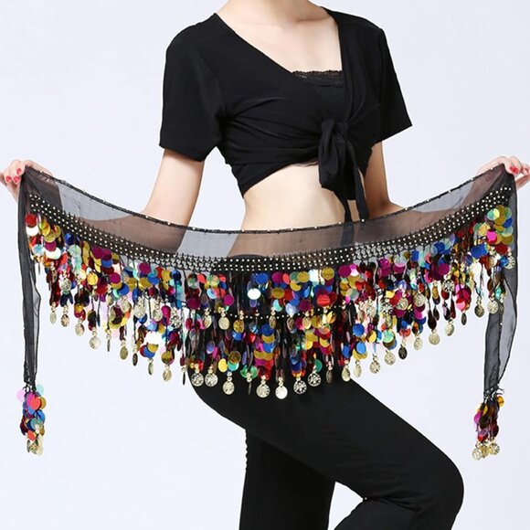 Women's Belly Dance Hip Scarf Skirt Wrap Black Sequins Coins Performance Costume - Picture 3 of 5